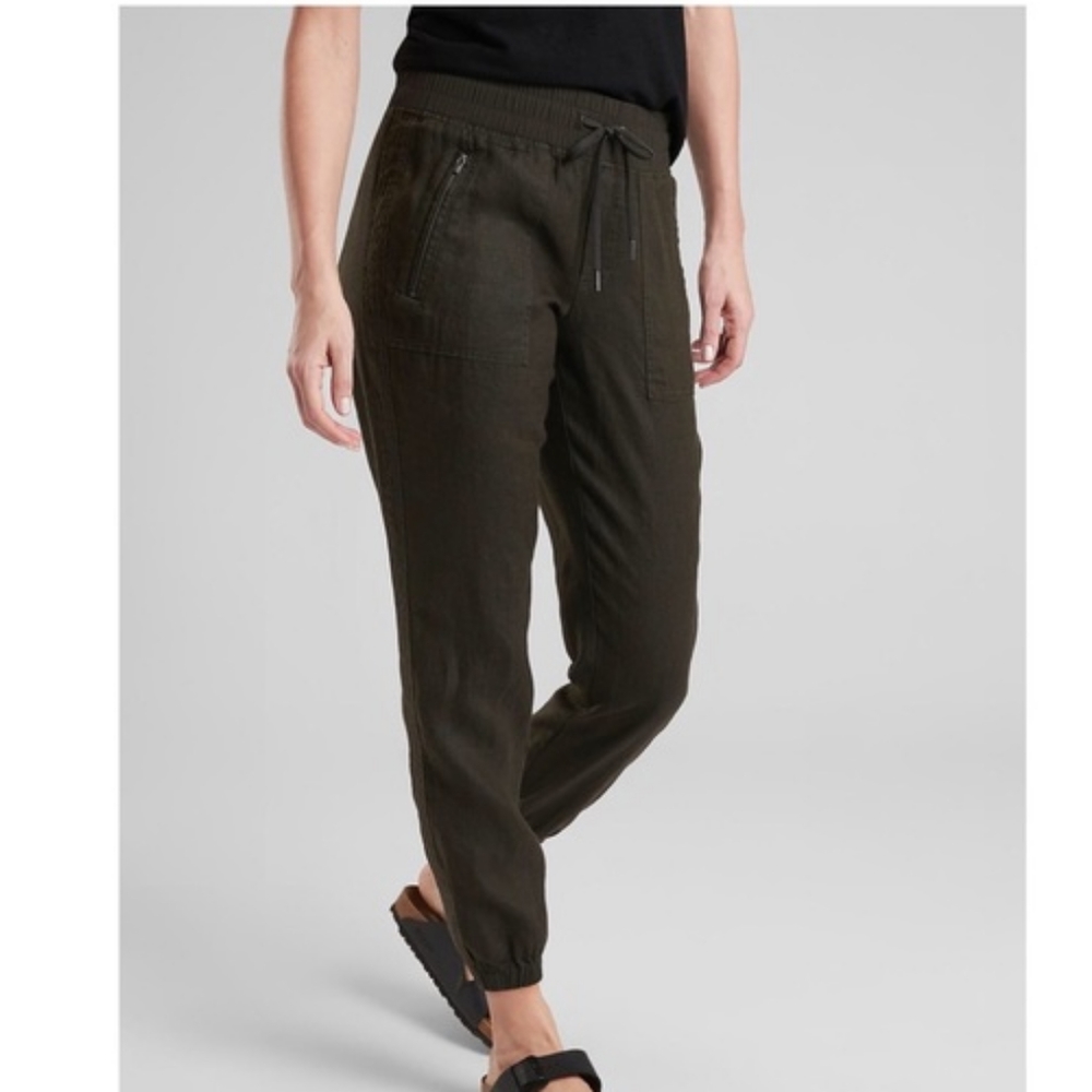 Athleta Olive Green Cabo Linen Jogger with Drawstring and Elastic Cuffs 4 petite